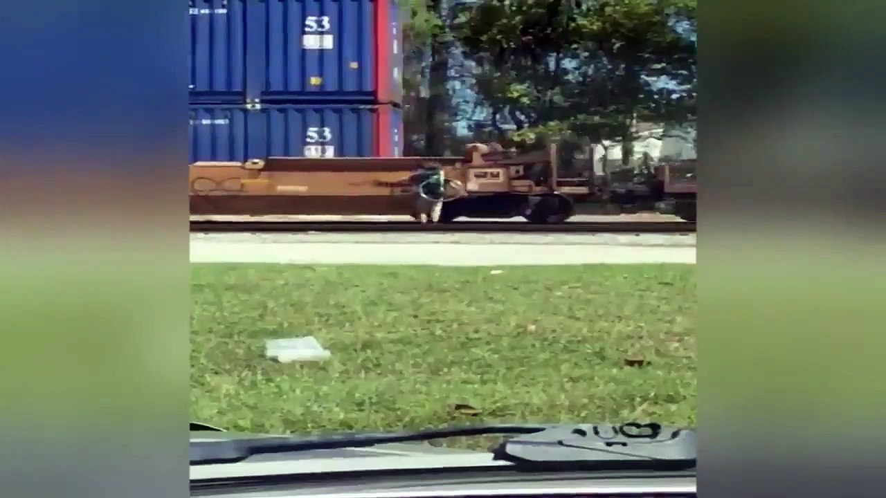 Un livreur à vélo monte sur un train en marche pour traverser une voie ferrée
