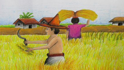How To Draw A Village Landscape Where Farmers Harvesting Paddy On