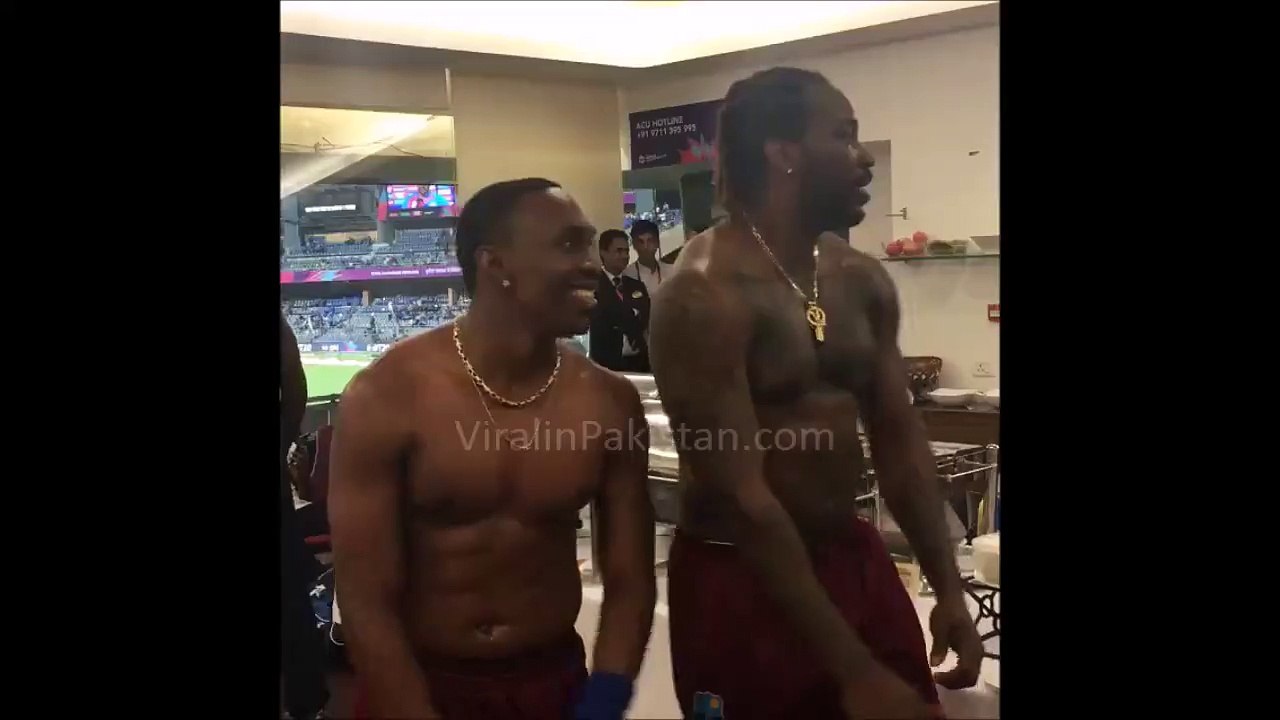 Westindies players dancing and singing after wining semi final agains india 2016