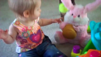 Girl Struggles to Dance with Her Toy Bunny
