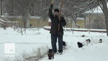 Russian man blesses cats at monastery