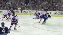 Sidney Crosby takes deflected slapshot to mouth Mar 30 2013 NY Islanders vs Pittsburgh Penguins NHL