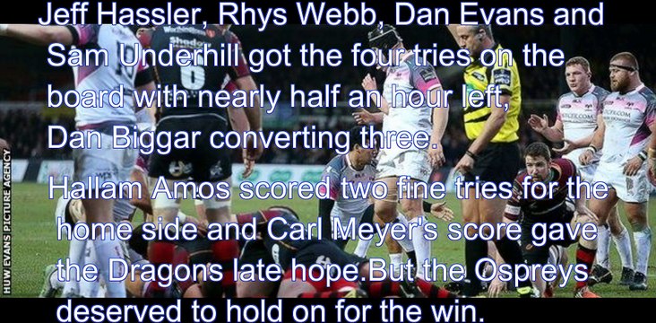 RUGBY HIGHLIGHTS:Pro12 rugby: Newport Gwent Dragons 20-26 Ospreys