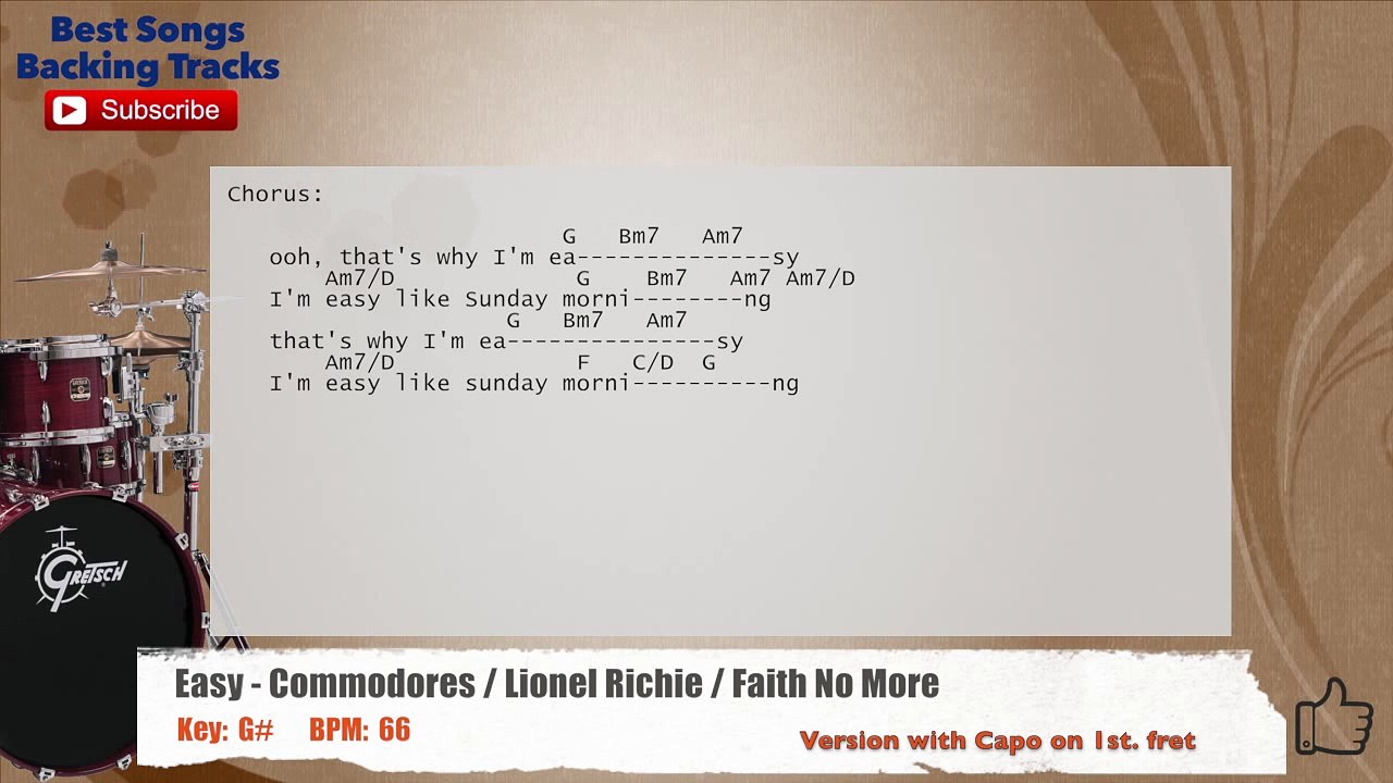 Easy - Commodores _ Lionel Richie _ Faith No More Drums Backing Track with chords and lyrics