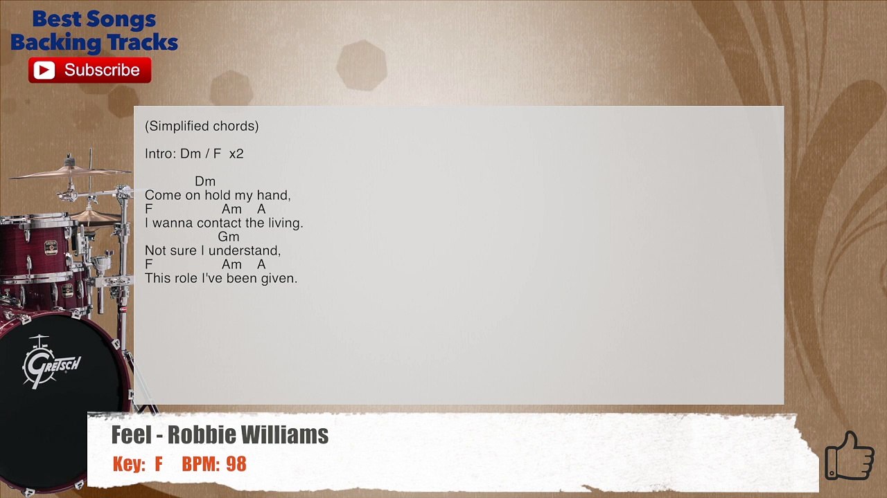 Feel - Robbie Williams Drums Backing Track with chords and lyrics