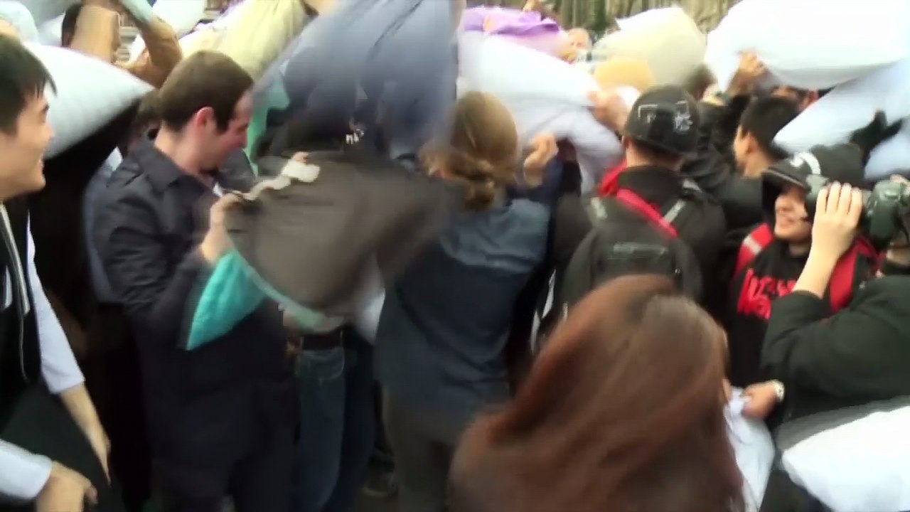 Pillow fight held in New York's Washington Square Park