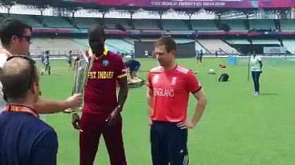 Making fun of Both Captian of England and West Indies Team With Trophy of WT20 Final Cup