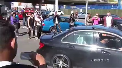 AMG Mercedes does burnout + loud revs all in front of police p...