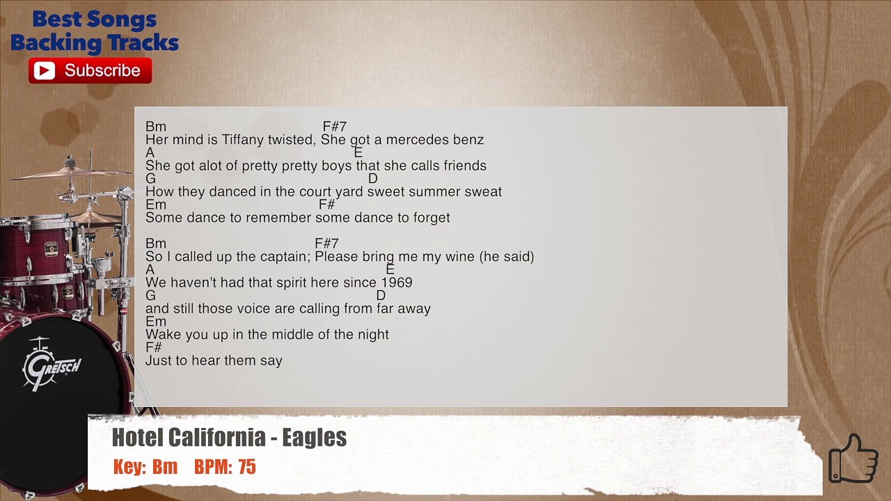 Hotel California - Eagles Drum Backing Track with chords and lyrics
