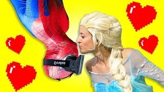 Spiderman vs Virtual Reality w  Frozen Elsa - Spiderman Kiss in Real Life - Fun Superhero Movie