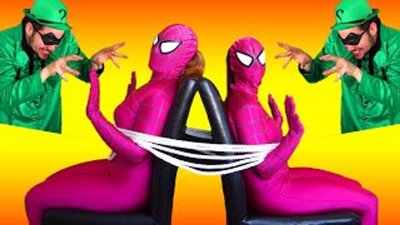 Pink Spidergirl Twins vs The Riddler! Sisters are Kidnapped! Fun Superhero Movie in Real Life  )
