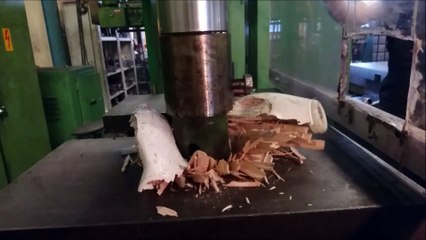 Il écrase une quille et une boule de bowling sous une presse hydraulique