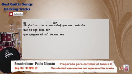 Recuerdame - Pablo Alboran Drums Backing Track with chords and lyrics