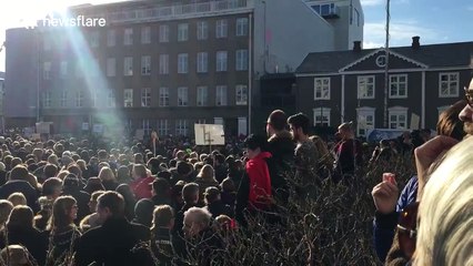 Download Video: Footage of thousands of demonstrators outside Iceland's parliament building