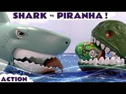 SHARK VS PIRANHA - Join Chase from Paw Patrol as he recieves Kinder Surprise Eggs from a Shark and Piranha, Featuring Thomas and Friends, Spiderman, Batman, TMNT, Nova, Optimus Prime from Transformers and many more family fun toys