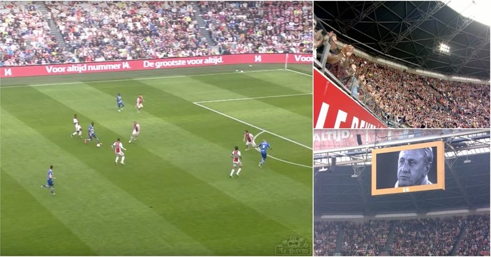 Adeptos e jogadores interromperam jogo aos 14 minutos para homenagear Cruyff