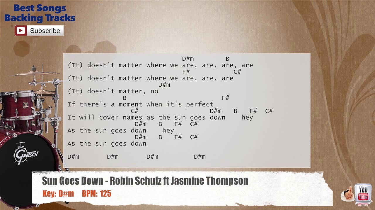 Sun Goes Down - Robin Schulz ft Jasmine Thompson Drums Backing Track with chords and lyrics