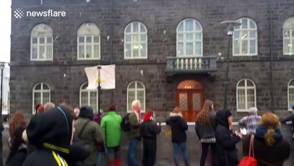 Protester throws a yoghurt at Iceland's parliament building