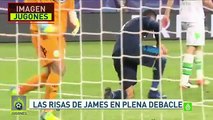 James Rodríguez, de risas en el calentamiento durante el partido entre Wolfsburgo y Real Madrid