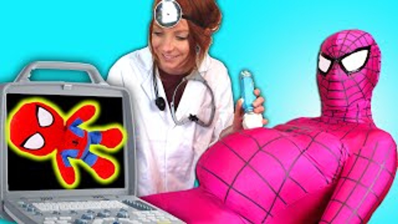 Spiderman, Frozen Elsa & Pink Spidergirl w  Doctor! Spiderbaby is sick! Superheroes in Real Life  )