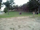 Amanda stealing the golf cart.