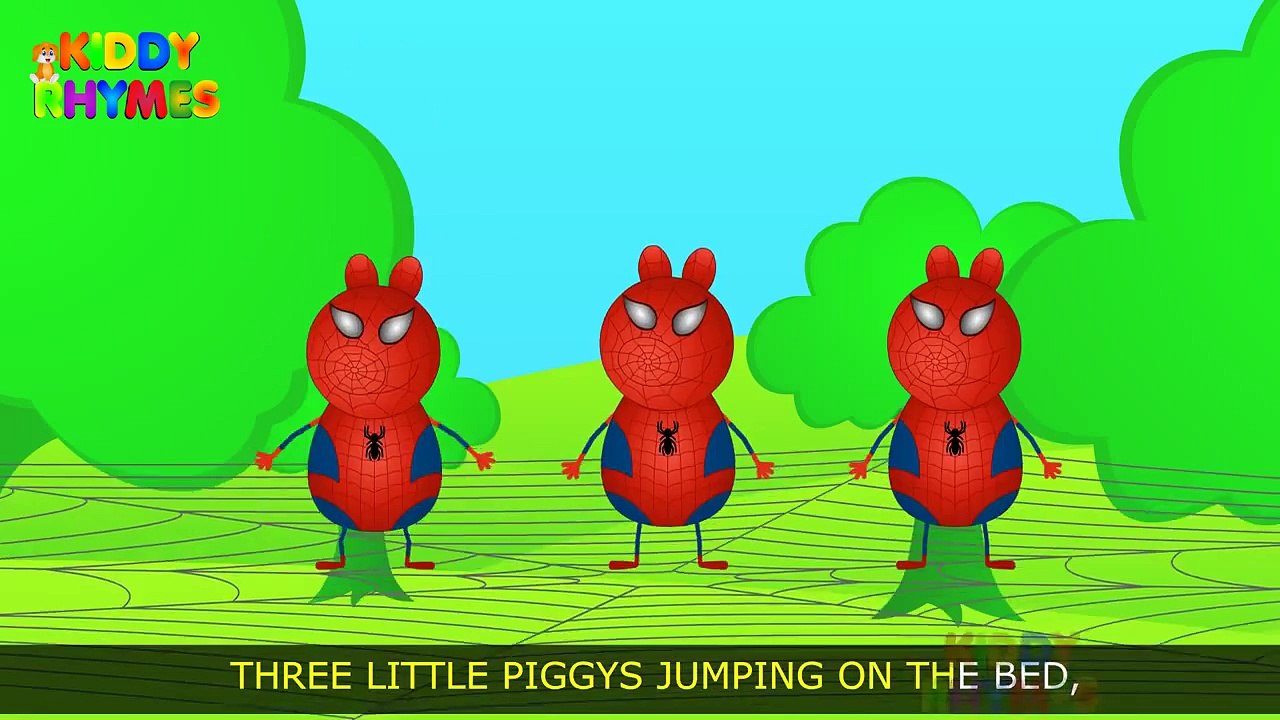 Five Little Spiderman (Peppa Pig) jumping on the Bed (Web) Spiderman Finger Family Nursery