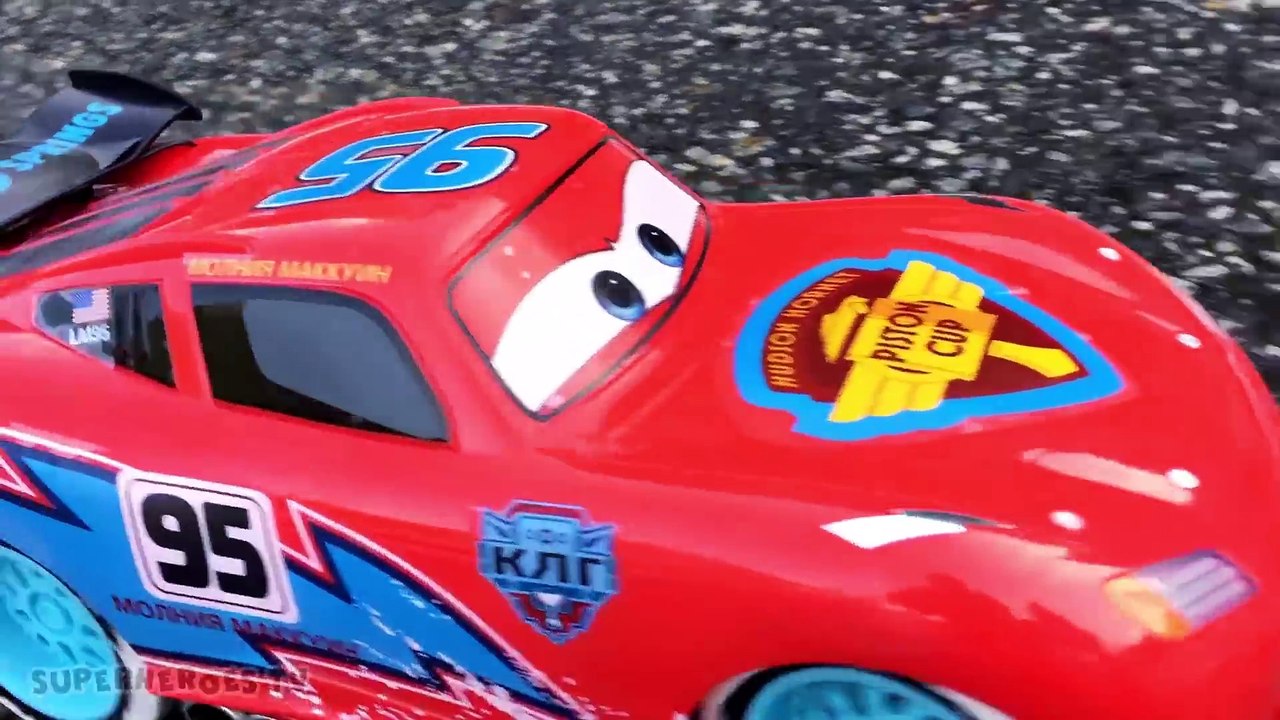 Spiderman Playing with Lightning McQueen Disney Cars Toy - Fun Superheroes Movie in Real Life