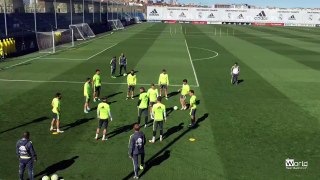 Dani Carvajal nutmegs Sergio Ramos during the Real Madrid C.F. training session