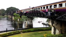 Train crossing Bridge over River Kwai, Kanchanaburi, Thailand