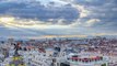 Panoramic aerial view of Gran Via timelapse before sunset, Skyline Old Town Cityscape, Metropolis
