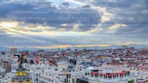 Panoramic aerial view of Gran Via timelapse before sunset, Skyline Old Town Cityscape, Metropolis