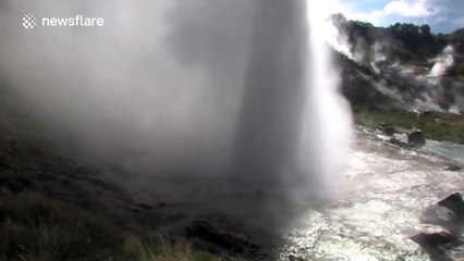 Close-up footage of a powerful geyser eruption in Russia