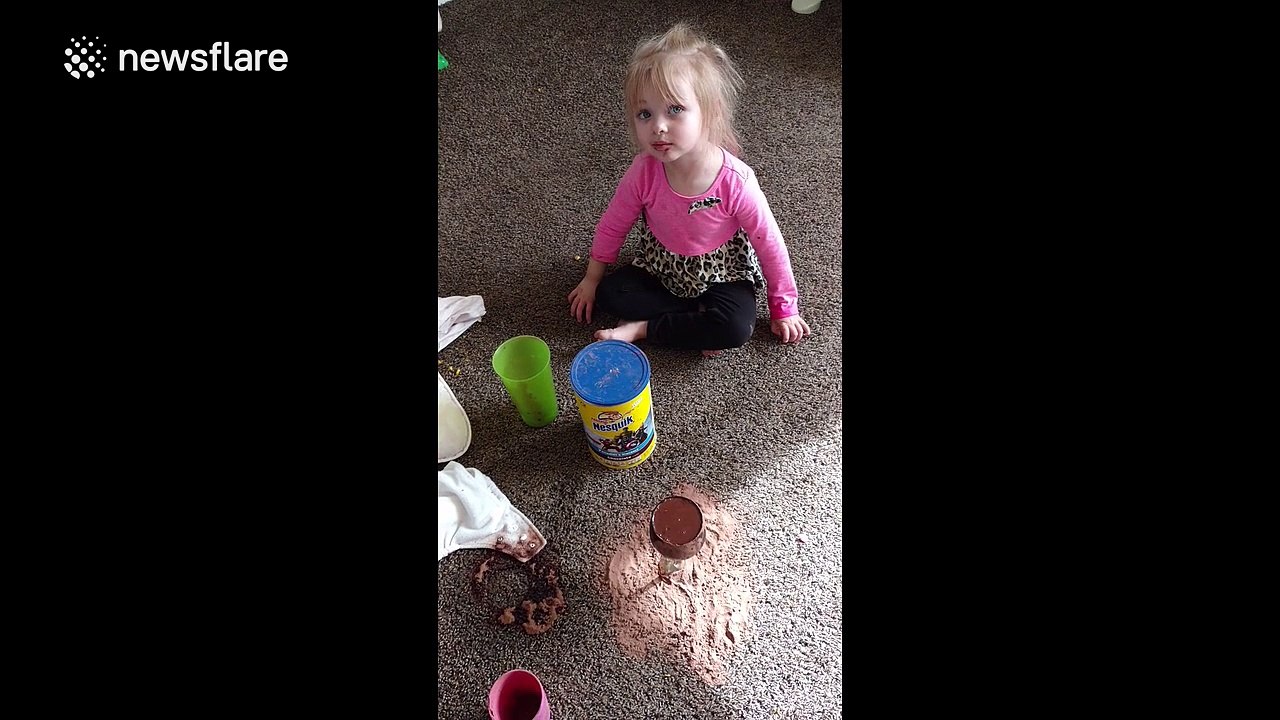 Three-year-old tries to make chocolate milk, makes a mess instead