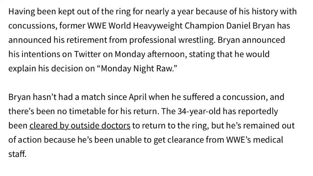 WWE Breaking News Daniel Bryan announces his retirement