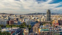 Panorama view of Barcelona city from Montjuic timelapse in cloudy day. Catalonia,  Spain