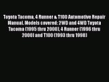 Download Toyota Tacoma 4 Runner & T100 Automotive Repair Manual. Models covered: 2WD and 4WD