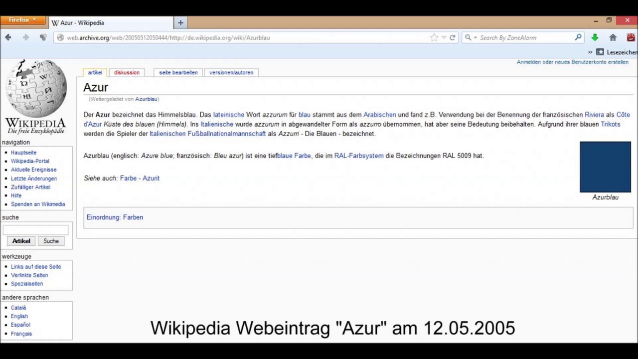 Wikipedia veränderte die farbe azurblau in hellblau / chemtrailblau