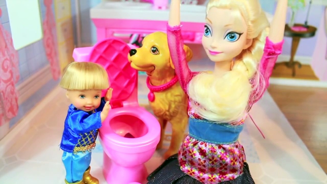 Elsa PRANK 2 Disney Frozen Barbie Parody Elsa Babysisting Toby Toilet Dog Taffy AllToyCollector