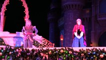 Frozen Holiday Wish castle lighting show debut - Elsa, Anna, Olaf, Kristoff at Walt Disney World
