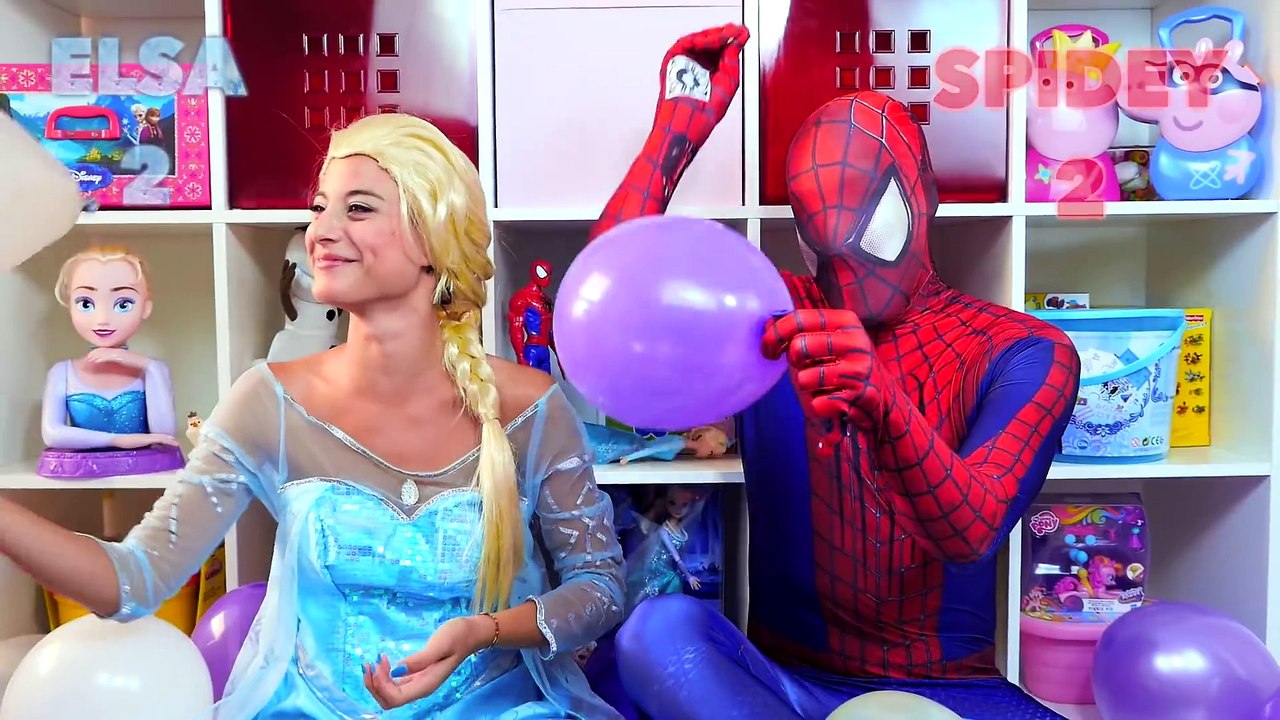 Spiderman vs Elsa Frozen Disney in Real Life - Balloon Drop Pop Challenge Superhero Toys (1080p)