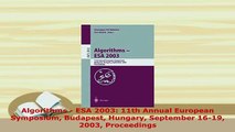 Download  Algorithms  ESA 2003 11th Annual European Symposium Budapest Hungary September 1619 Free Books