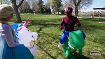 Elsa and Spiderman vs Bane - Elsa turns to Unicorn, Spiderman turns to T-Rex - In Real Life!