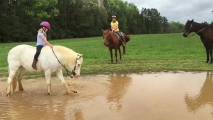 Download Video: Un poney troll une petite fille sur son dos en la faisant tomber dans une flaque d'eau