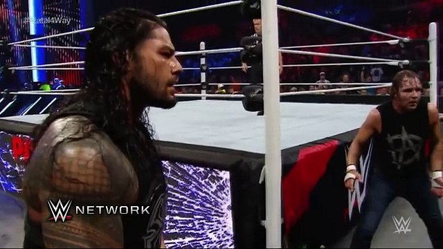 WWE Network Rollins, Reigns and Ambrose Triple Power Bomb Randy Orton through the announce table