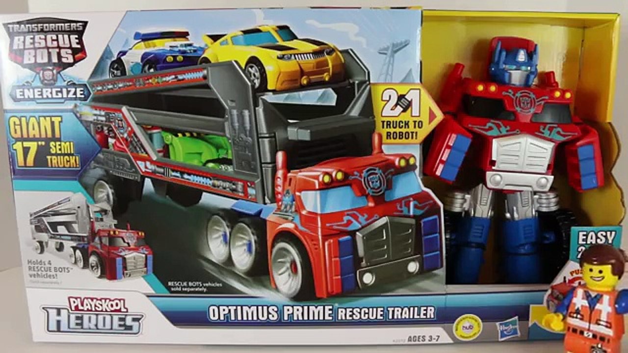 Transformers Optimus Prime Rescue Trailer with Lego Emmet and Disney Cars Todd Toys