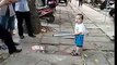 Toddler picked up steel pipe