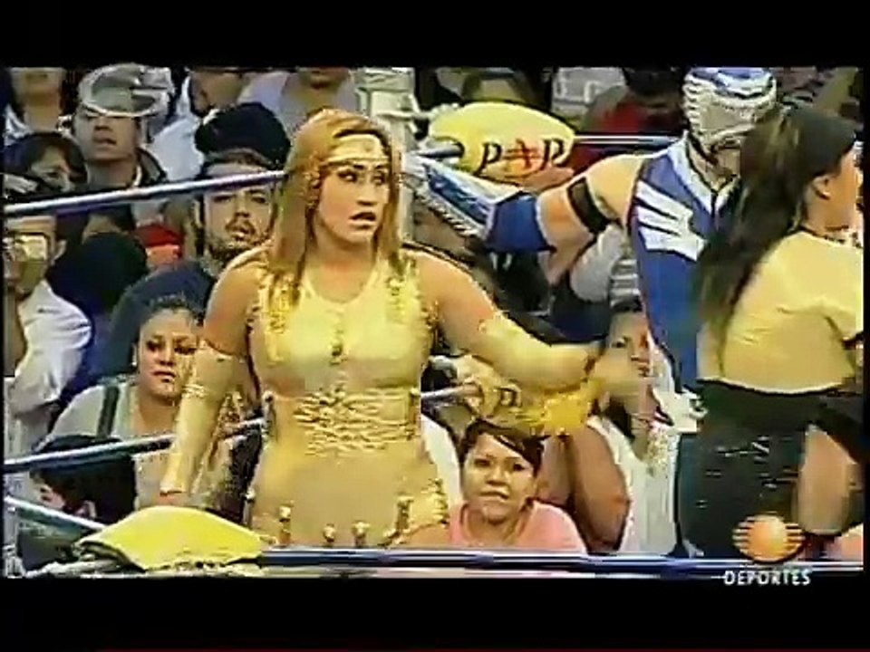 AAA-SinLimite 2009-05-25 Tlaxcala 01 Billy Boy, Mini Histeria, Polvo de Estrellas & Sexy Star vs. El Gato Eveready, Fabi Apache, Mascarita Sagrada & Pimpinela Escarlata