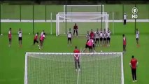 Germany national team practice free kick during which Thomas Müller falls over in The Worl