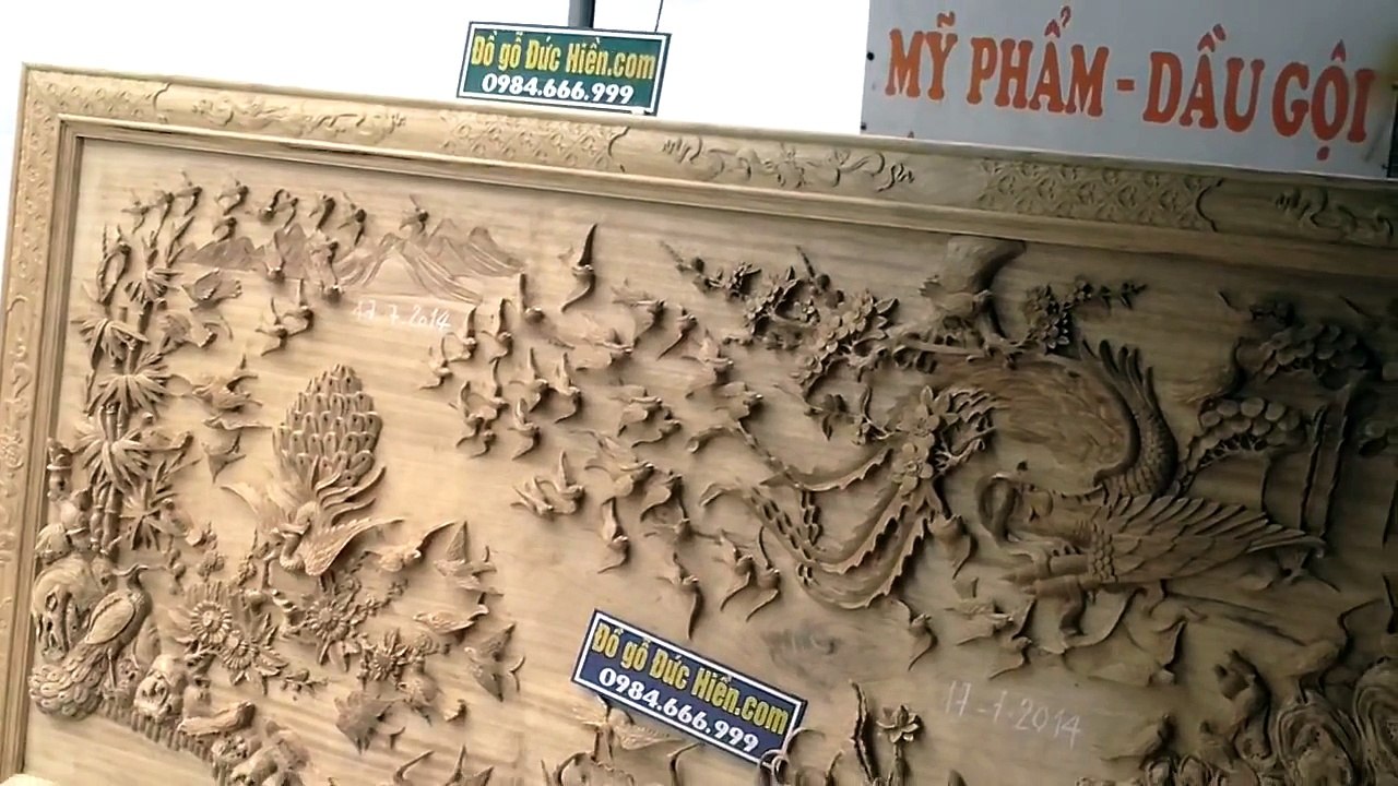 Tranh bách điểu gỗ gụ, 114x242cm, đồ gỗ đức hiền