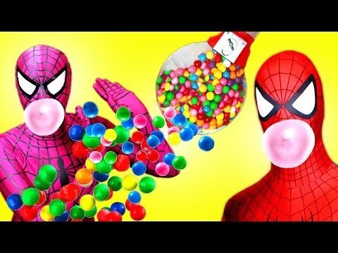 Spiderman & Pink Spidergirl vs Joker! w / Bubble Gums! Superhero Fun in Real Life 2016